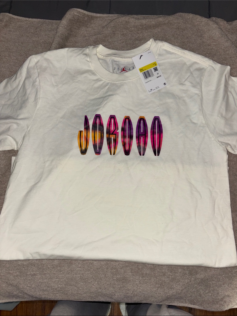 Jordan White Tee with Pink, Purple & Yellow Surfboard Graphics